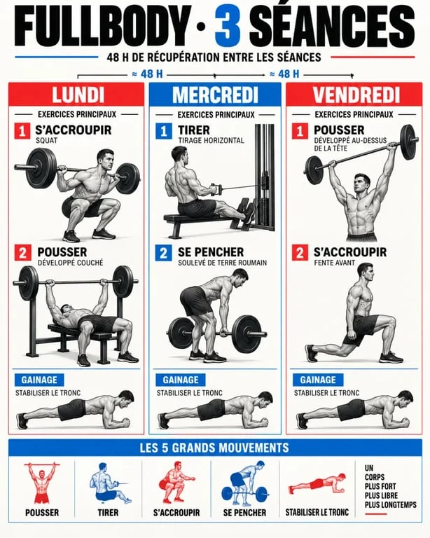 Infographie d’un programme fullbody sur trois séances avec exercices et récupération