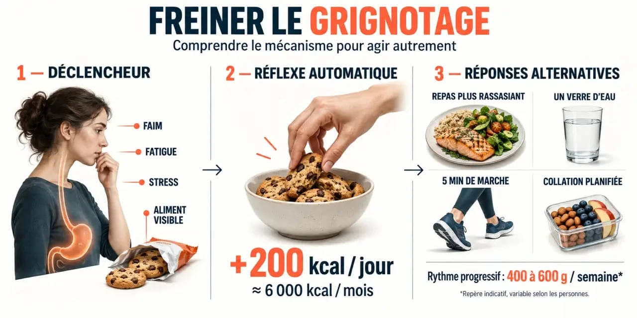 Infographie pour perdre 5 kg en arrêtant le grignotage : déclencheurs, alternatives et progression