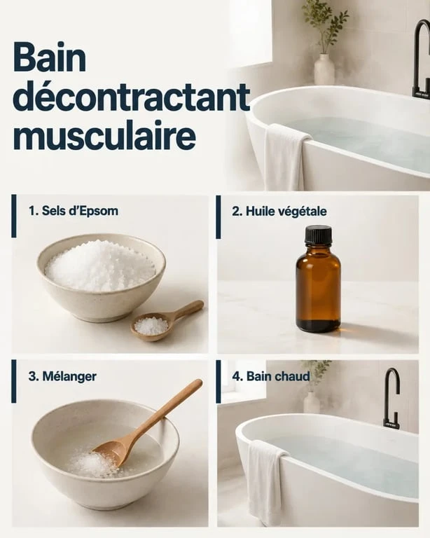 Bain décontractant musculaire maison avec sels d’Epsom, huile végétale et serviette dans une salle de bain apaisante