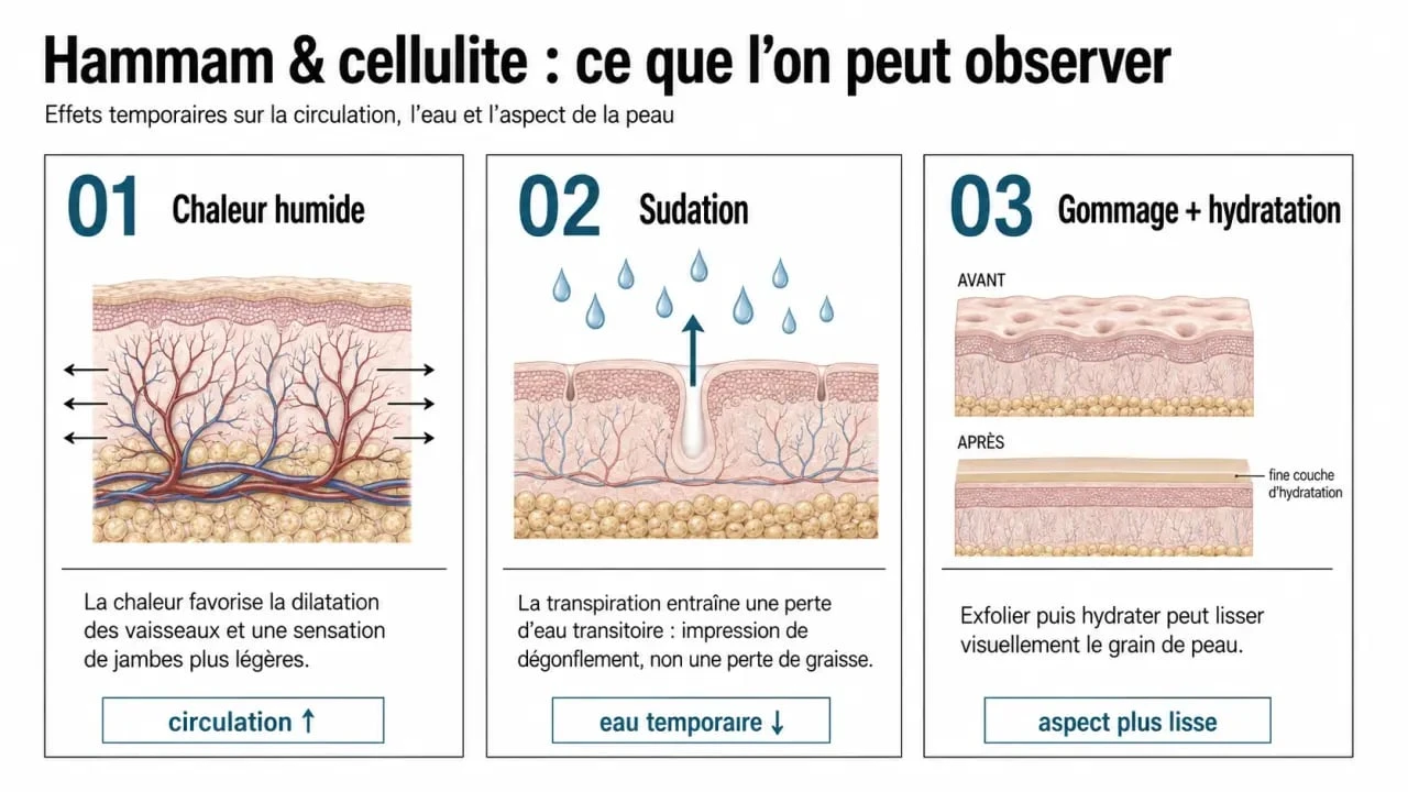 Bienfaits hammam cellulite : schéma en trois étapes sur la chaleur humide, la sudation, le gommage et l’hydratation