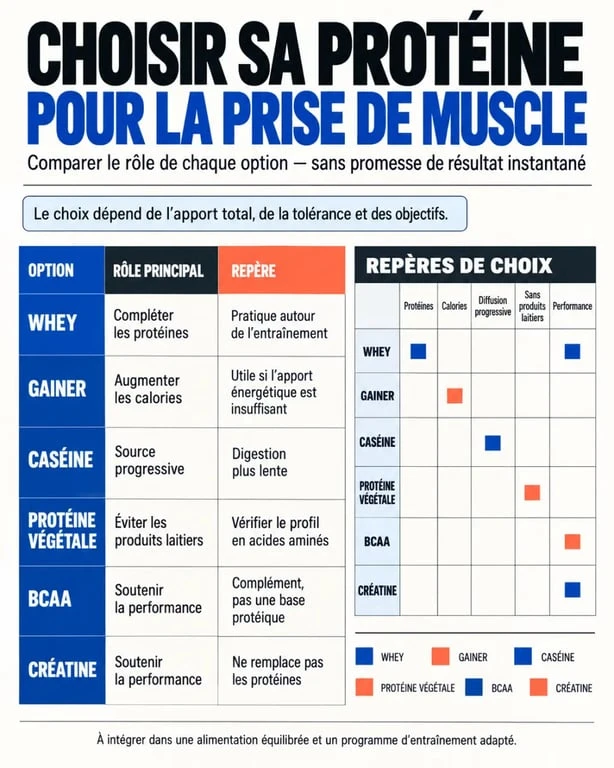 Protéine pour prendre du muscle rapidement : comparaison whey, gainer, caséine, protéine végétale, BCAA et créatine