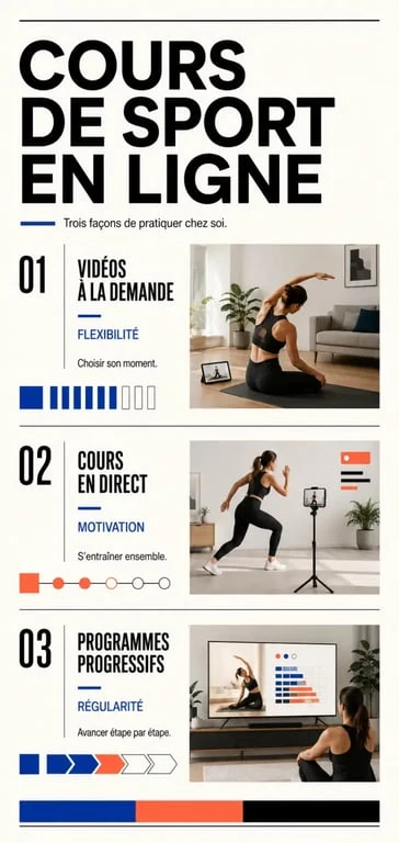 Infographie sur les cours de sport en ligne : vidéos à la demande, séances en direct et programmes progressifs