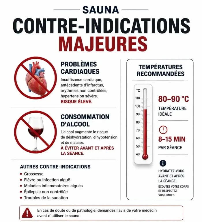 Infographie des contre-indications et règles de sécurité pour la pratique du sauna