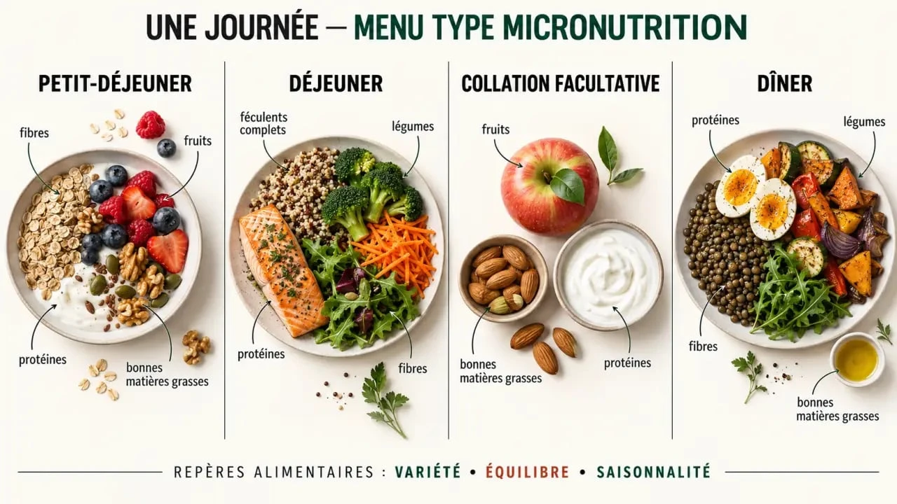 Régime micronutrition menu type sur une journée avec repas équilibrés