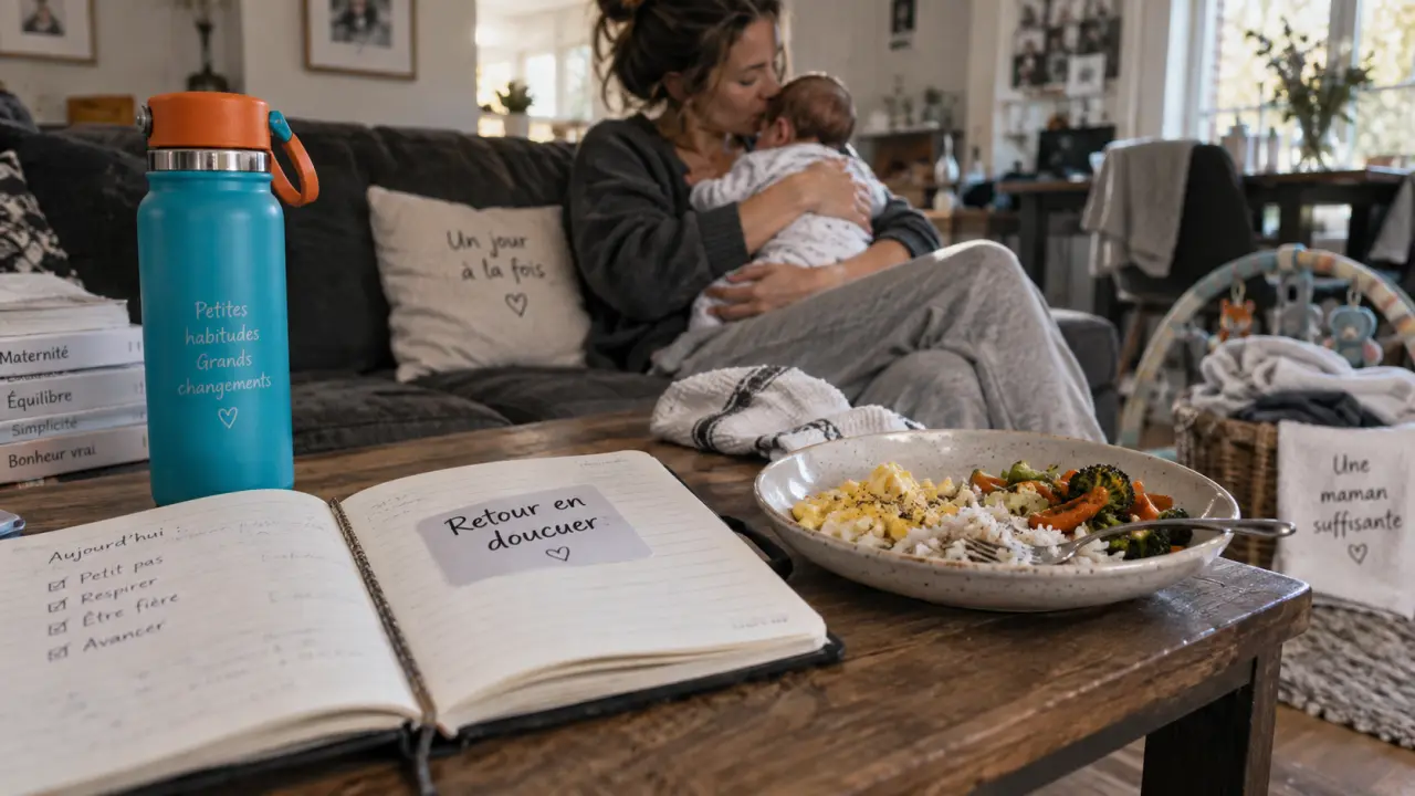 Perdre du poids après grossesse : carnet et repas simple, jeune mère et bébé