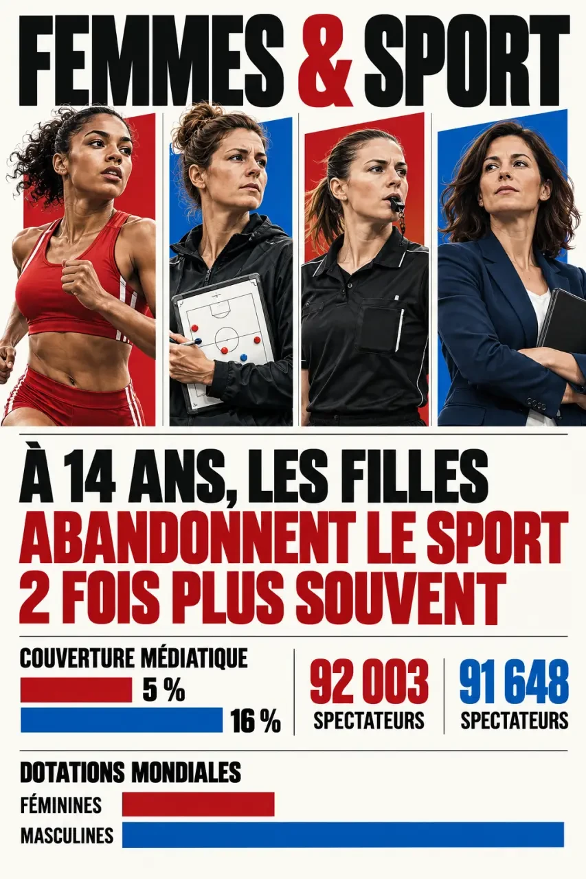 Infographie éditoriale sur les femmes et le sport, la pratique, la médiatisation et les inégalités