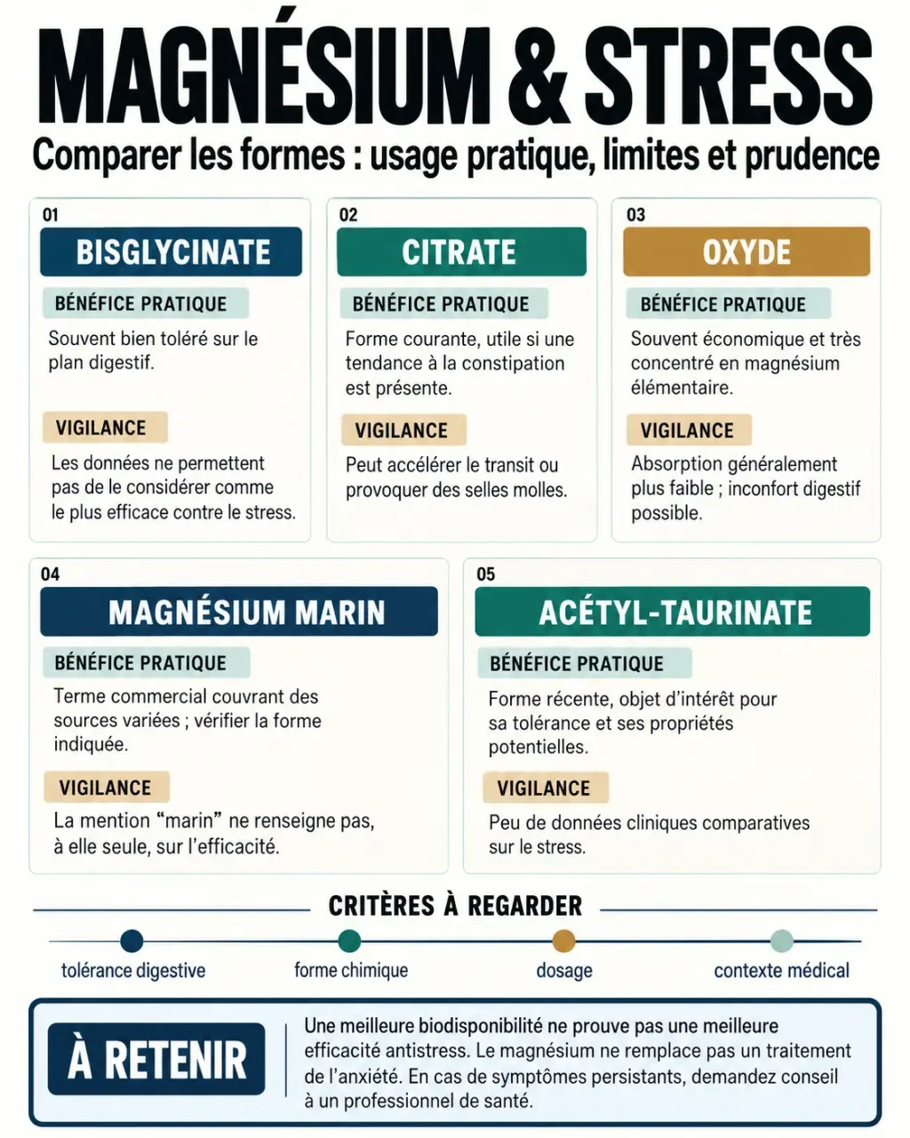 Infographie comparative pour choisir le meilleur magnesium contre stress selon la forme, la tolérance digestive et les précautions