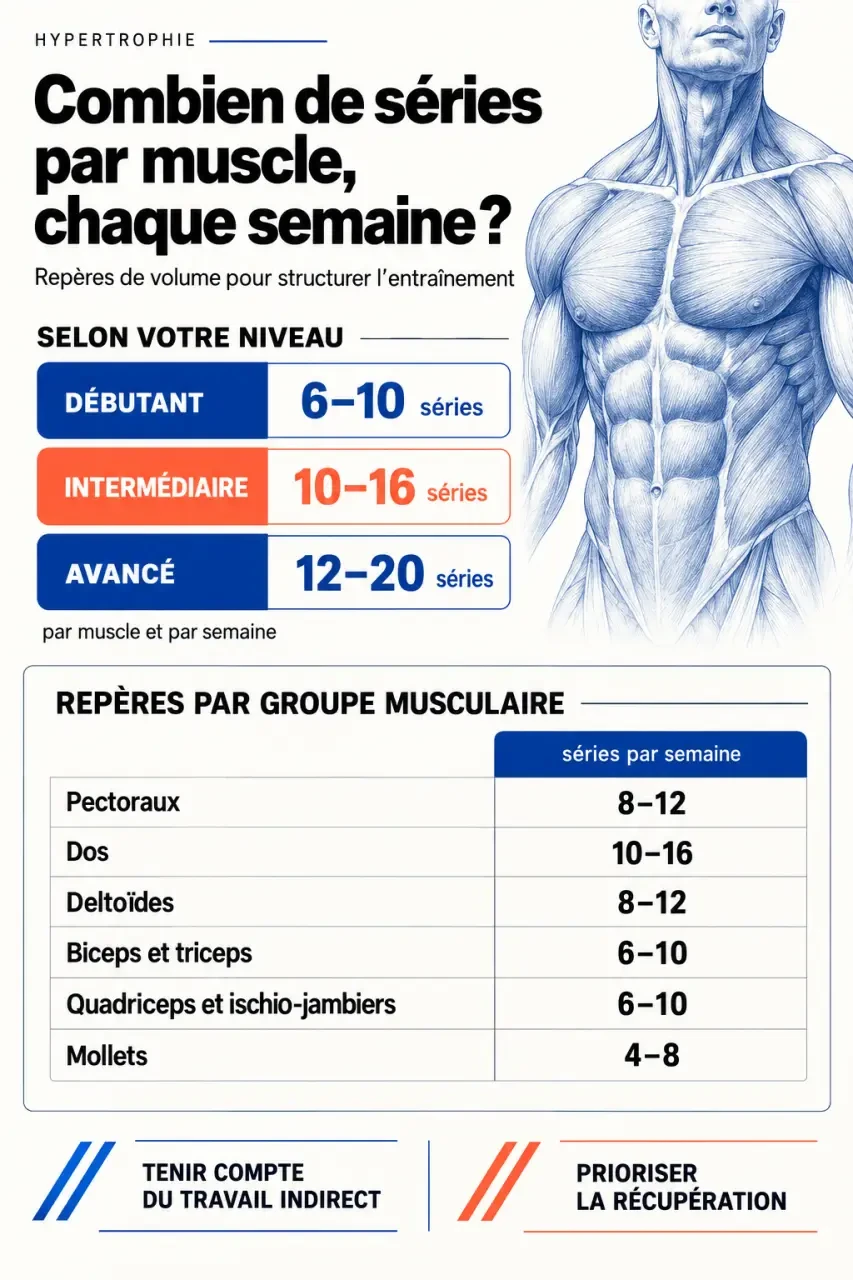 Infographie sur combien de série par muscle faire chaque semaine selon le niveau et le groupe musculaire