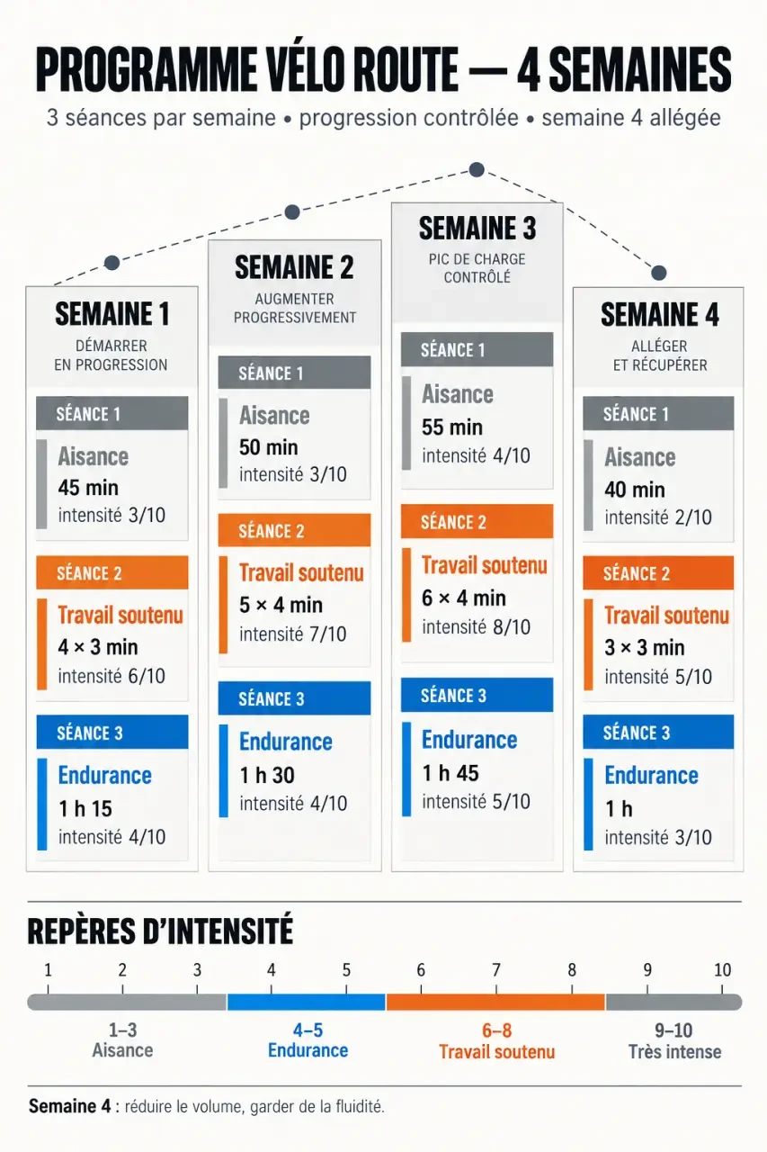 Infographie d’un programme entraînement vélo route PDF sur quatre semaines avec progression et semaine d’allègement