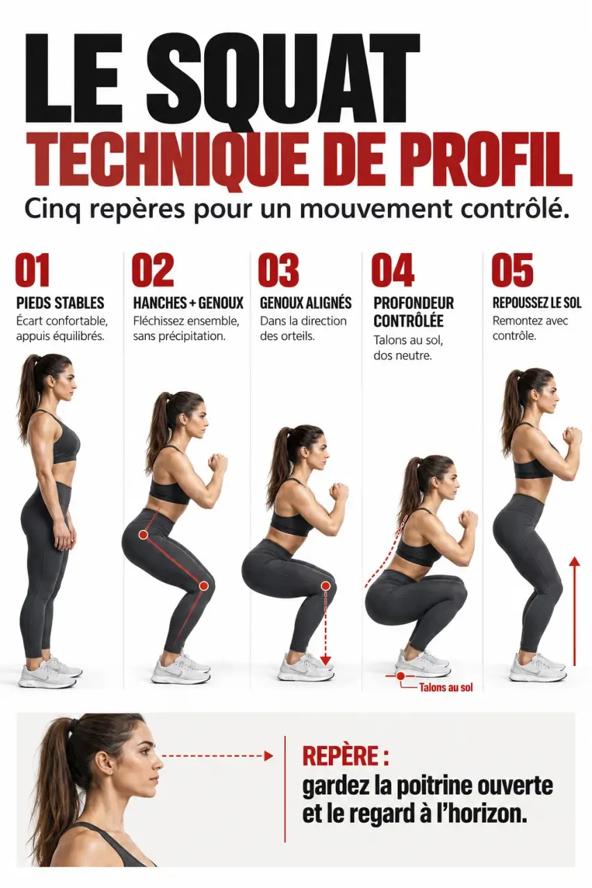 Programme squat femme : étapes de la technique du squat avec appuis et profondeur contrôlés
