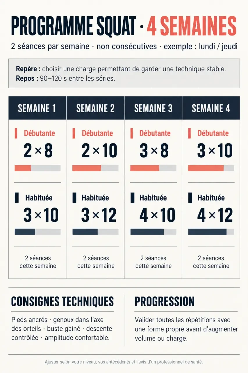 Programme squat femme progressif sur quatre semaines avec séries et répétitions