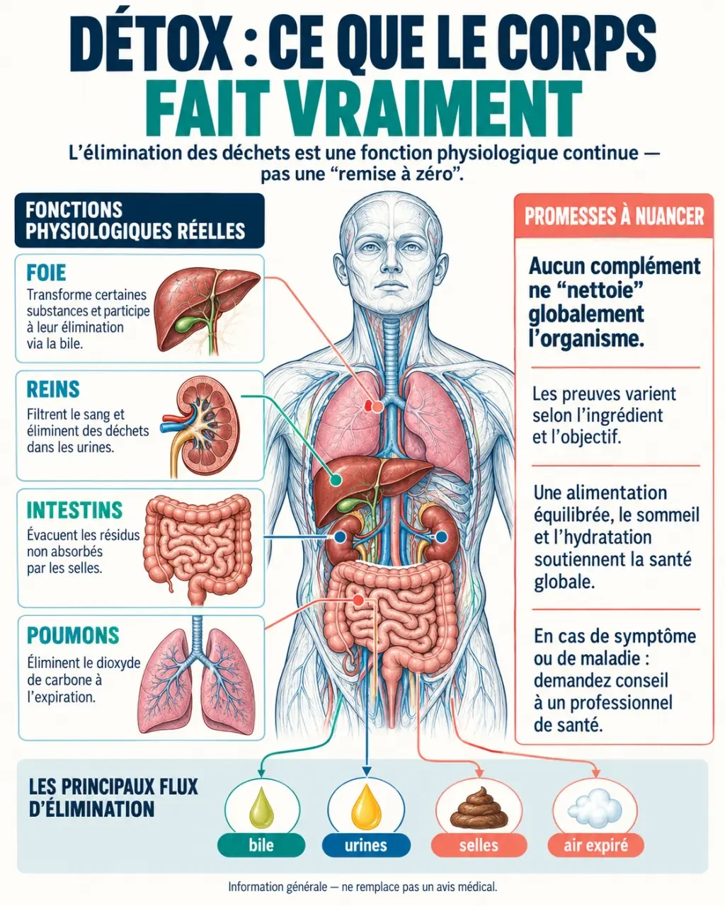 Infographie sur le complément alimentaire detox et les rôles du foie, des reins, des intestins et des poumons