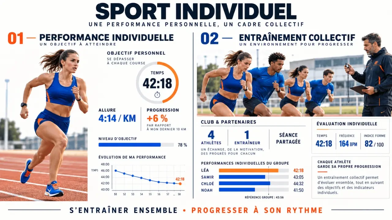Infographie sur le sport individuel, entre pratique autonome, entraînement en club et performance personnelle