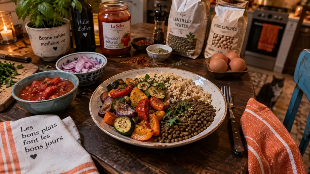 Un repas pas cher et équilibré tient dans une assiette en trois parts
