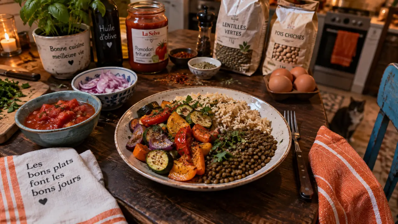 Repas pas cher et équilibré : assiette en trois parts, légumes, riz et lentilles