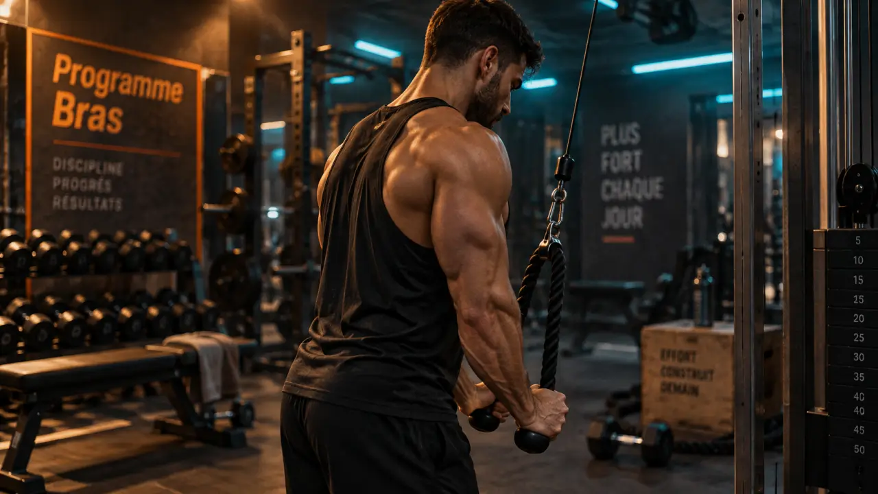 Seance bras muscu : triceps poulie haute et grip en salle